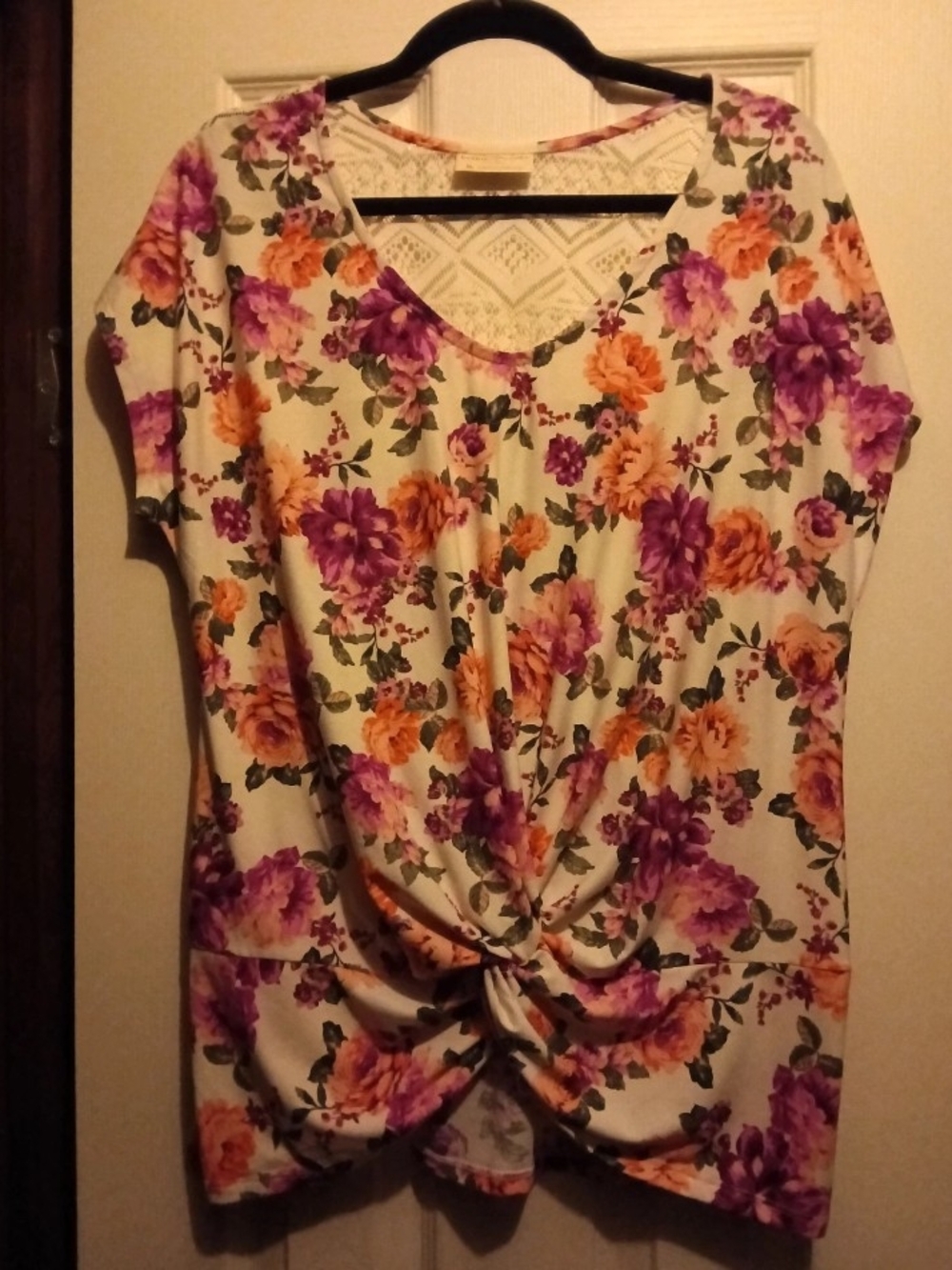 Bobbie Brooks Floral Twist-Front Tunic in Purple & Orange